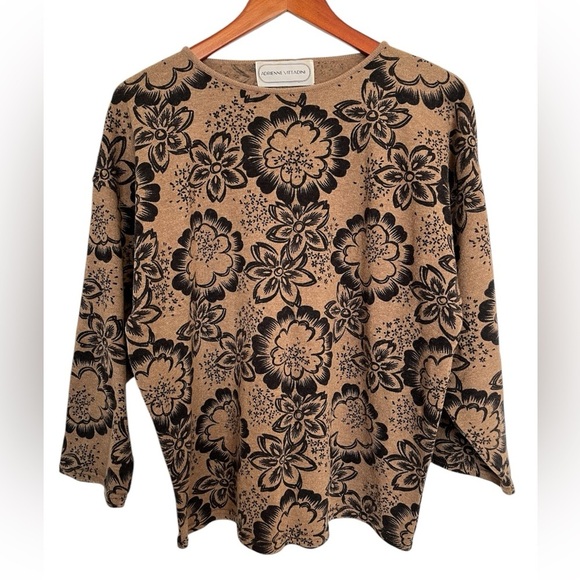 Adrienne Vittadini Tan Black Floral Knit Sweater Size Large - Picture 1 of 5